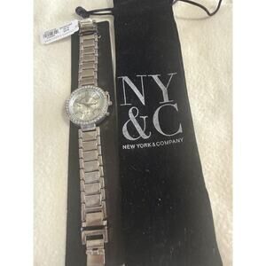 New! New York & Company Silver Tone and Crystal Link Bracelet Chronometer Watch